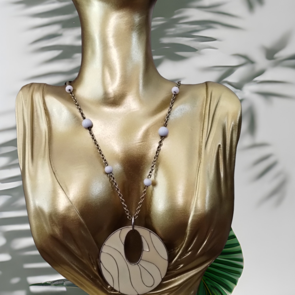 Large Enameled Cream Color White Bead Necklace